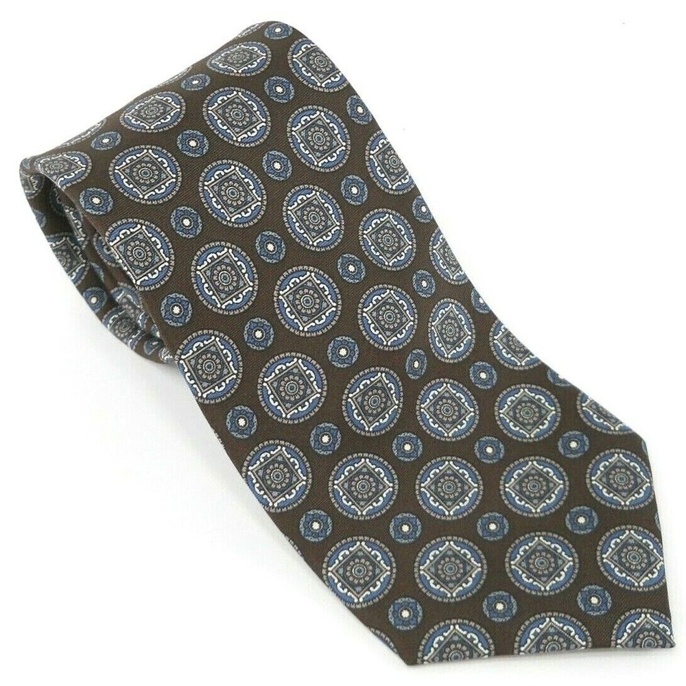 Woolrich Mens Necktie Tie 100 Silk Brown Blue Geometric Mandela Symbols 54 x 3.5
